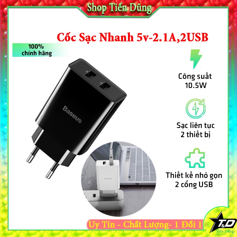 Củ sạc nhanh baseus 2 cổng USB chạy 5V- 2.1A nhỏ gọn chất lượng