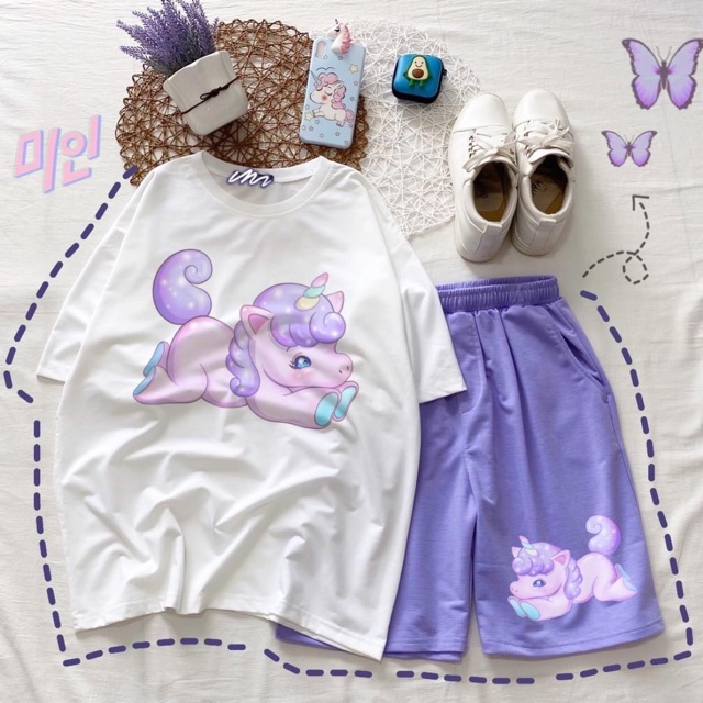 [17 Mẫu]Set Hoạt Hình Dễ Thương/Áo Thun Tay Lở+Short In Ảnh Thật