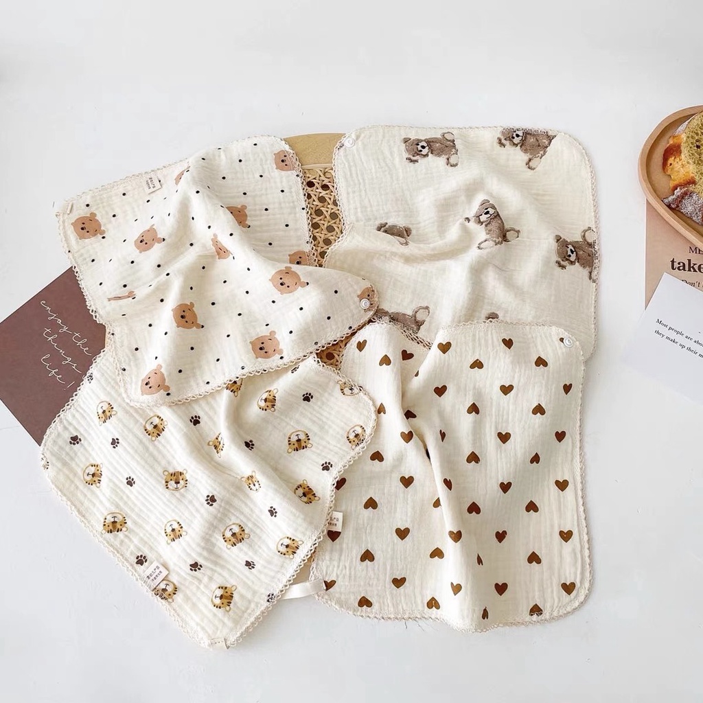 Khăn yếm/khăn sữa đa năng 2 trong 1 vải xô muslin cao cấp 4 lớp họa tiết gấu/hoa vintage Hàn Quốc cho bé