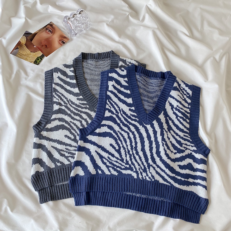 Áo dệt kim sát nách dáng rộng họa tiết ngựa vằn thời trang mùa thu