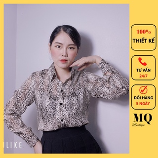 Áo sơ mi nữ lụa tằm dài tay cao cấp công sở họa tiết đốm da rắn, áo sơ mi họa tiết thiết kế MQ Boutique