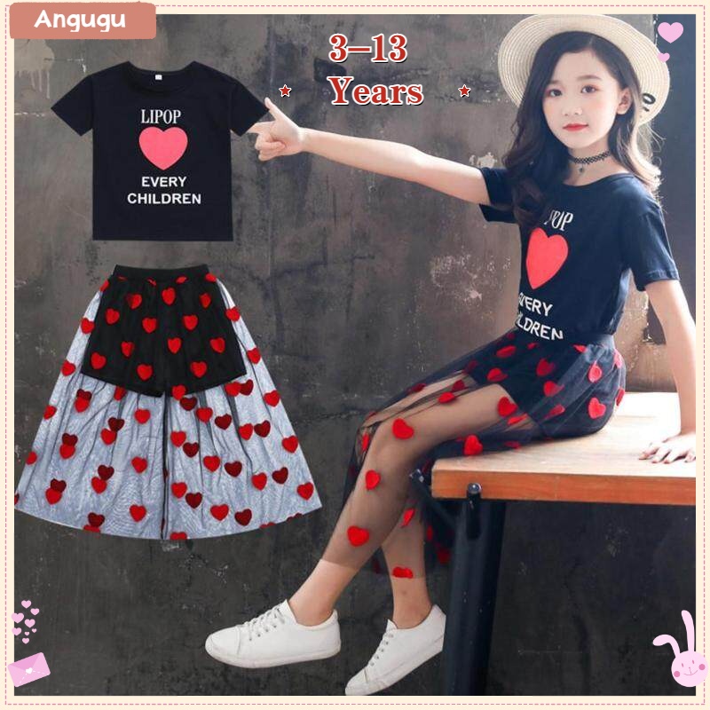 Bộ Đầm Tulle Tay Ngắn Họa Tiết Chữ In Hình Trái Tim Thiết Kế Hai Màu Từ 3-13 Tuổi Dành Cho Bé Gái Từ 24 Giờ