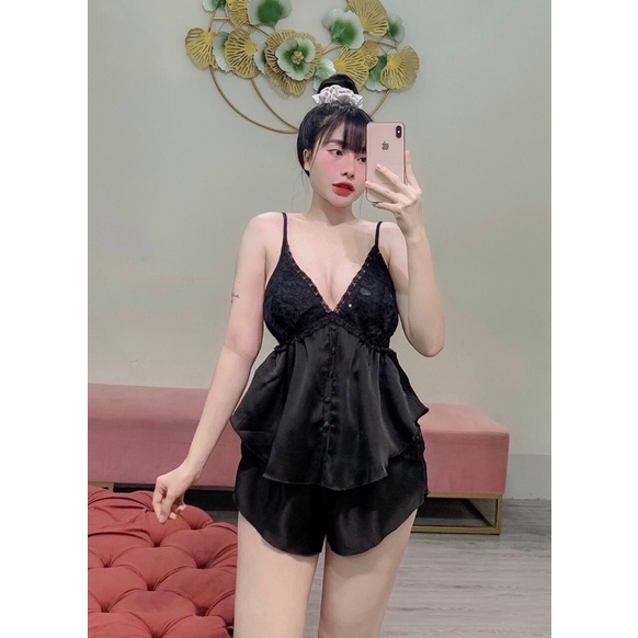 BỘ NGỦ NỮ  SET LỤA SATIN MỀM MỊN NÚT BỌC PHỐI REN SEXY