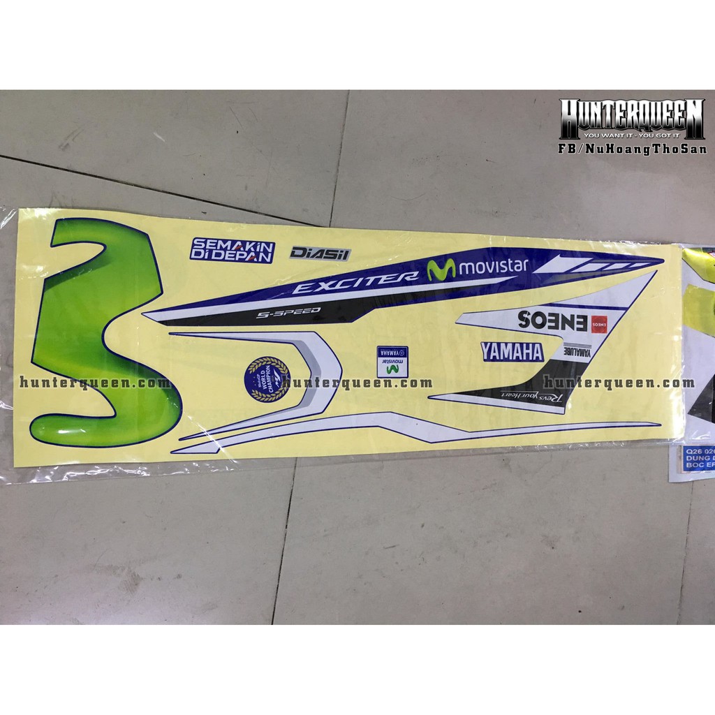 Tem in UV cao cấp. Exciter 150 Movistar Y15zr. Phiên bản 2017. Decal tem xe ép nhiệt kích thước chuẩn.