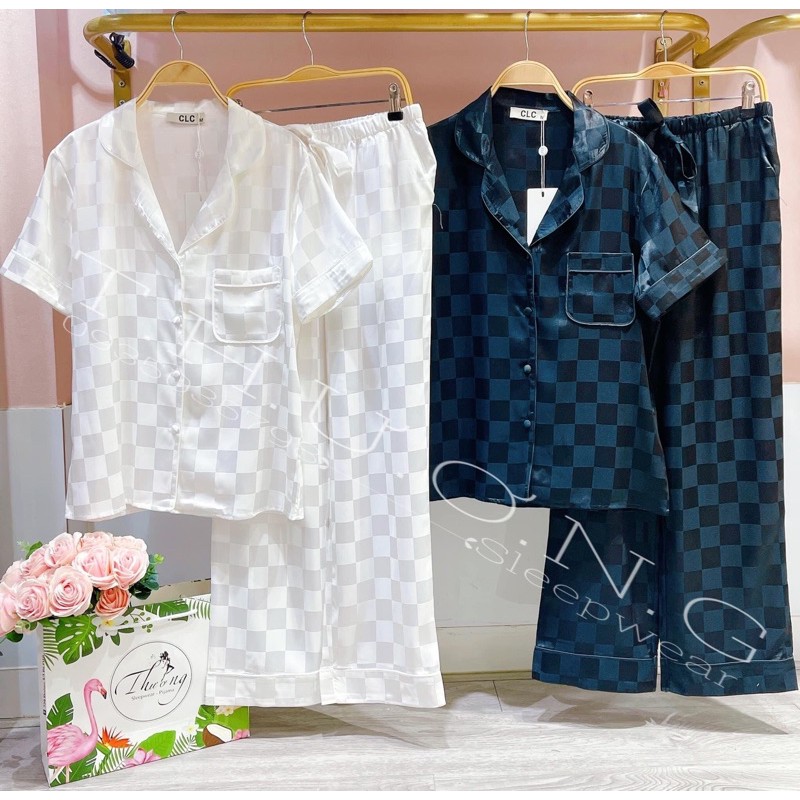 Pijama tay ngắn quần dài Ô trắng lụa cao cấp quảng châu