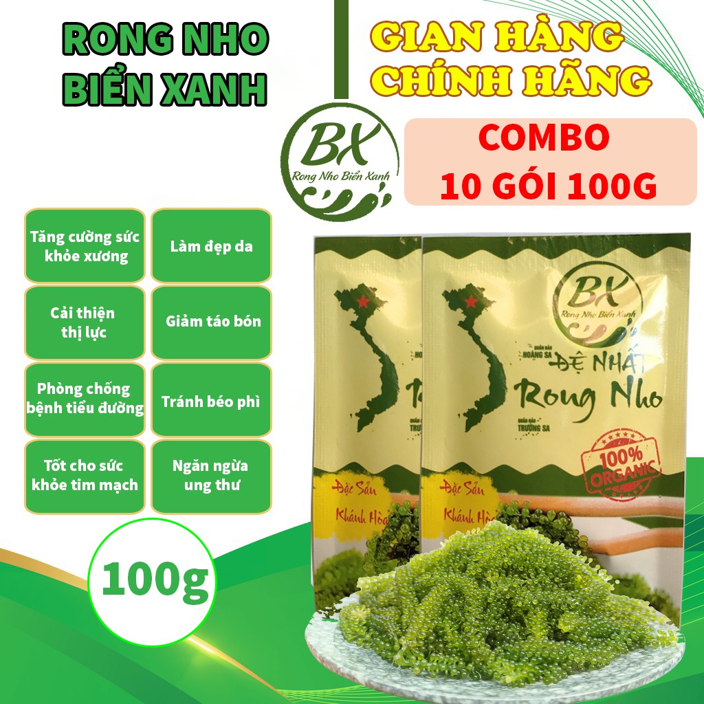 Rong nho tách nước biển xanh, combo 10 gói mỗi gói 100gr tổng đơn 1kg rong nho nở ra 3kg rong tươi