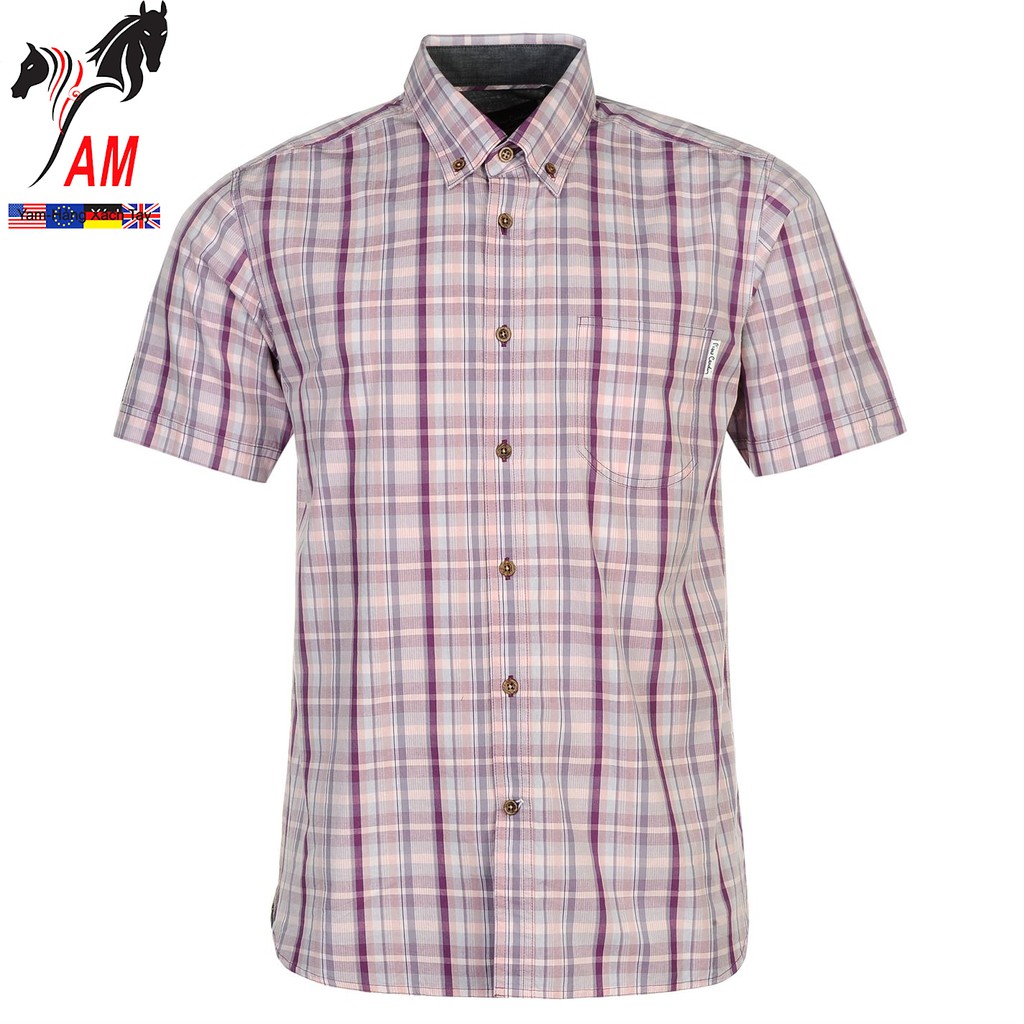 [100% cotton] Áo Sơ Mi Nam Pierre Cardin Check Short Sleeve Shirt Mens Cao Cấp ( Purple/Pink - size EU - UK )