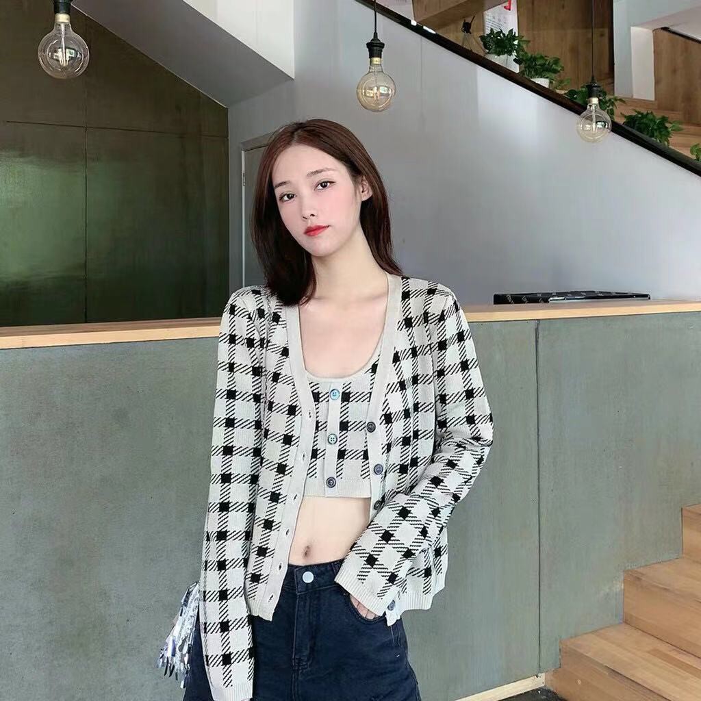 áo jennie blackpink Bộ áo hai dây sọc caro + áo khoác len phong cách thời trang cho phái nữ | BigBuy360 - bigbuy360.vn