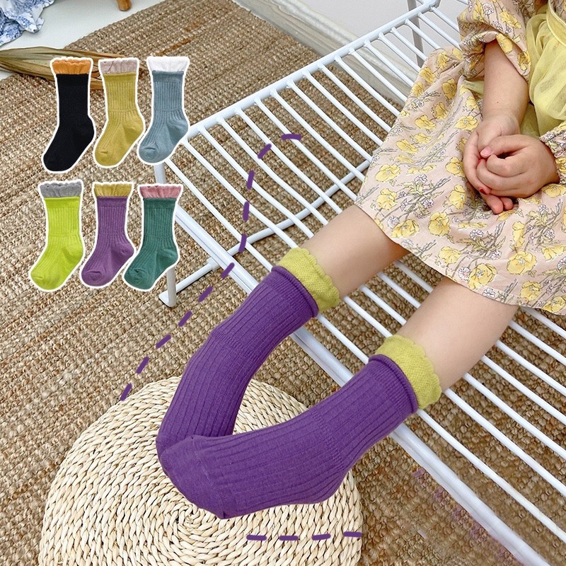 Set 3 Đôi Vớ Cotton Phối Ren Nhiều Màu Sắc Phong Cách Hàn Quốc Cho Bé Gái