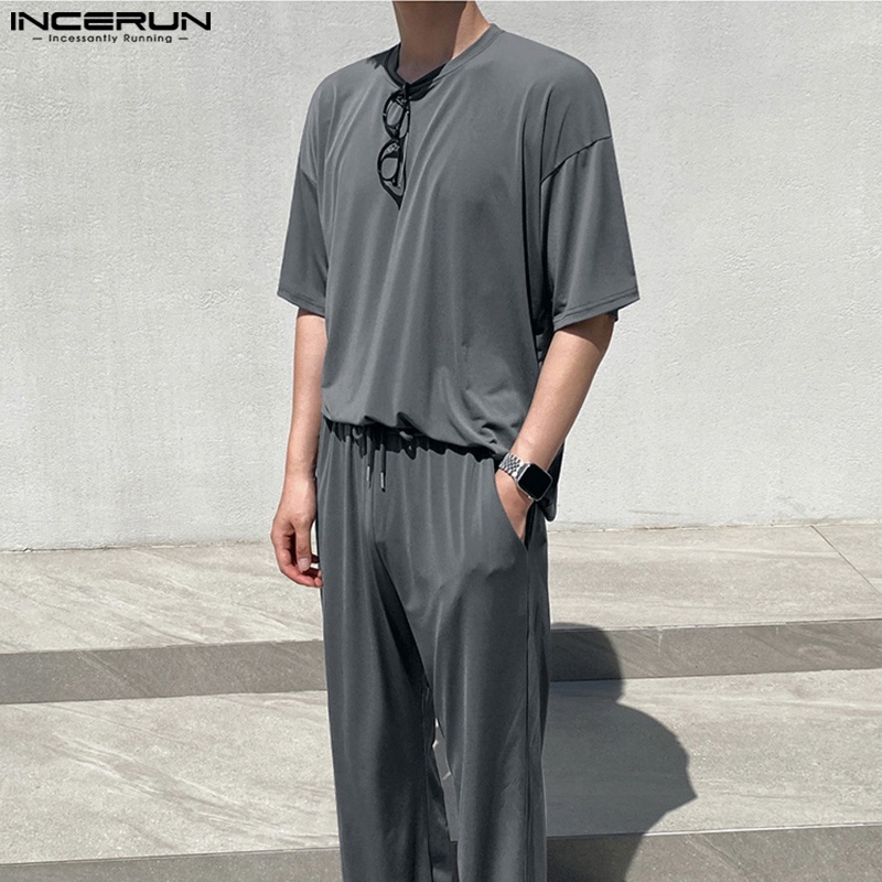 Bộ đồ INCERUN gồm áo tay ngắn và quần ống rộng thời trang mùa hè dành cho nam