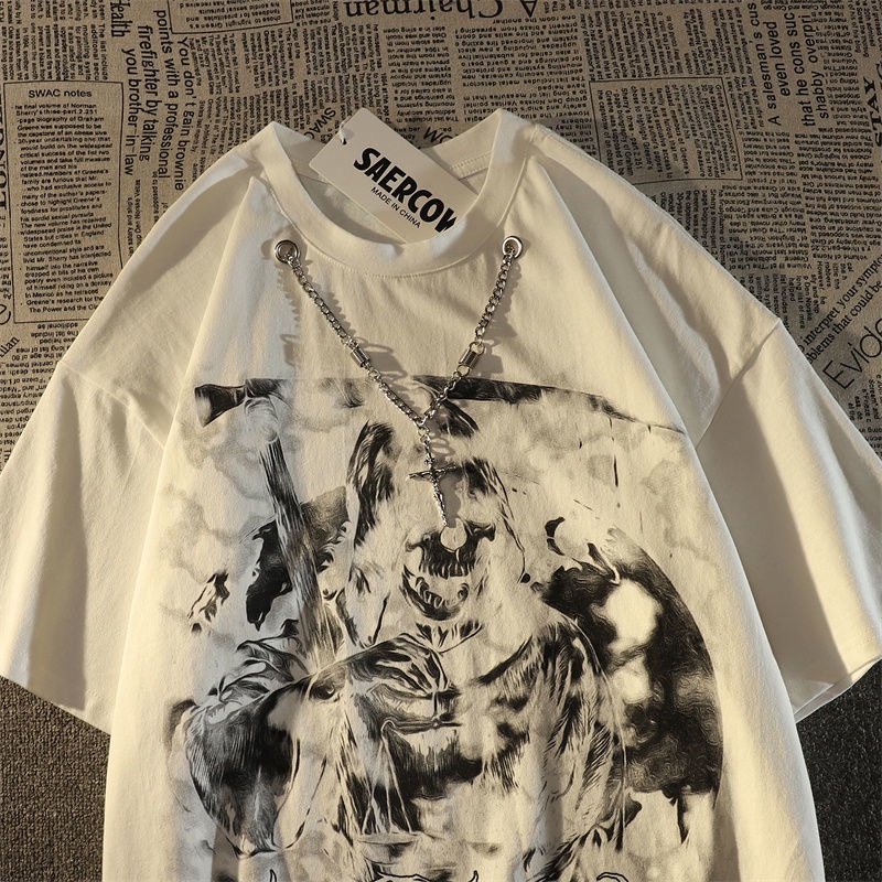 Áo Thun Cotton Tay Ngắn In Hình Đầu Lâu Phong Cách Harajuku Thời Trang Mùa Hè 2023