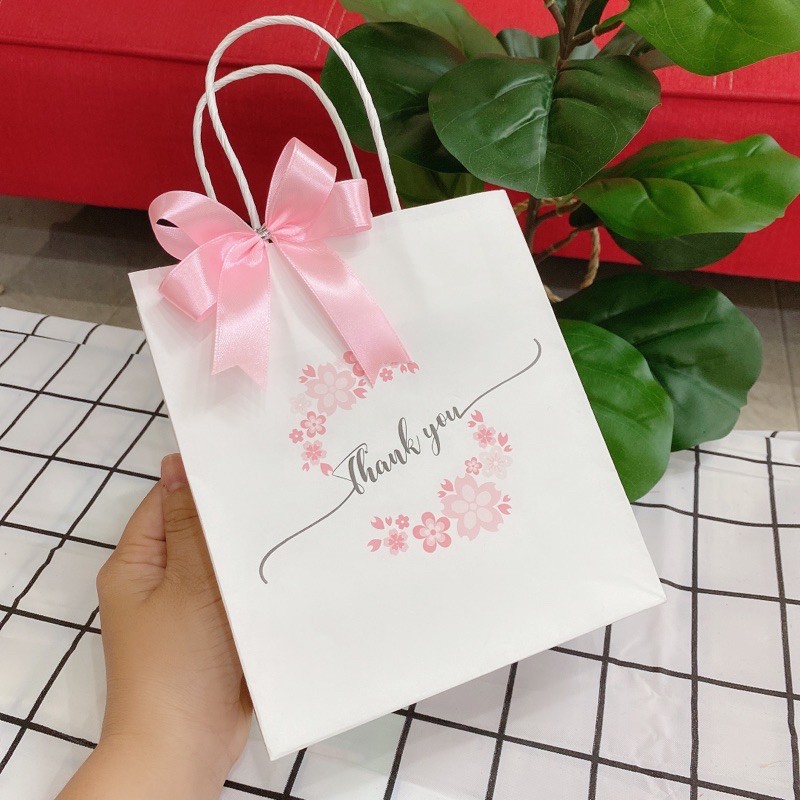 Túi kraft hoa đào có chữ thank nhỏ siêu xinh - túi giấy đựng quà tặng mỹ phẩm -đựng nước hoa - túi giấy đựng kemy