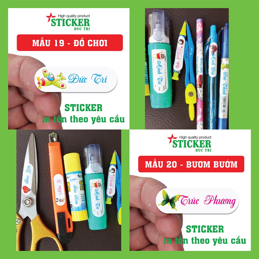 55 Sticker Miếng Dán Tem Tên Bé in theo yêu cầu  (Decal nhựa chống nước). M01-M20