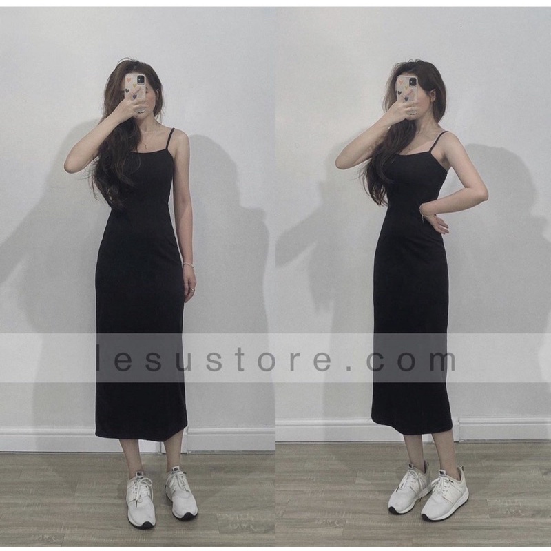 VN614 - VÁY MAXI 2 DÂY LEN TĂM MÀU ĐEN