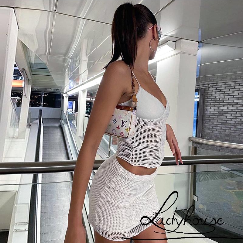 Bộ Áo Crop Top Cổ Chữ V + Chân Váy Lưng Cao Phối Lưới Thời Trang Đường Phố Cho Nữ