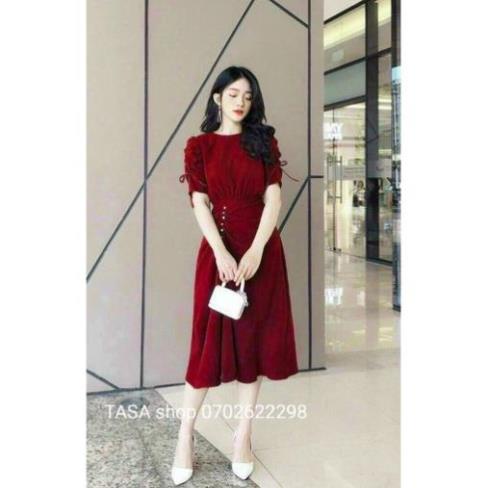TSL ảnh thật Đầm đỏ xoè dài tay phồng rút dây đính cườm cực sang chảnh dự tiệc du xuân mặc Tết noel