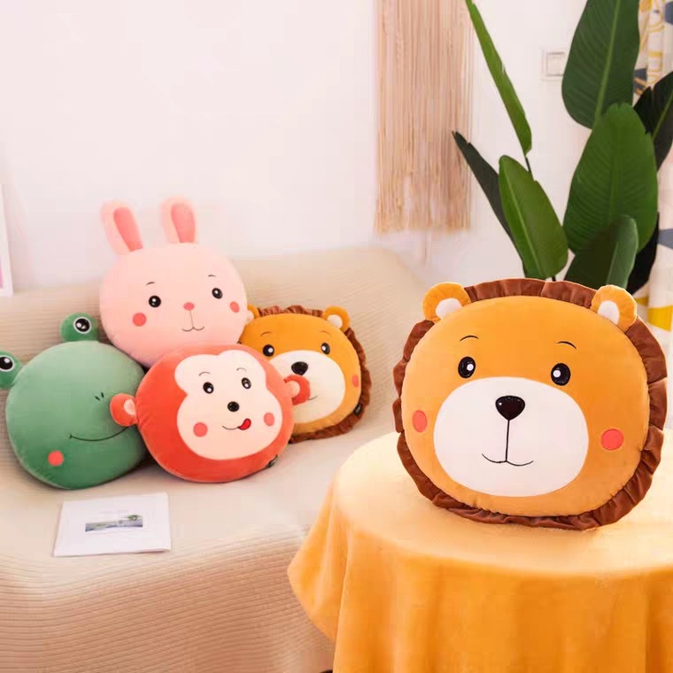 Chăn gối văn phòng hình thú ếch - khỉ - thỏ - sư tử ngộ ngĩnh, Bộ chăn gối văn phòng hình thú tròn siêu đáng yêu.