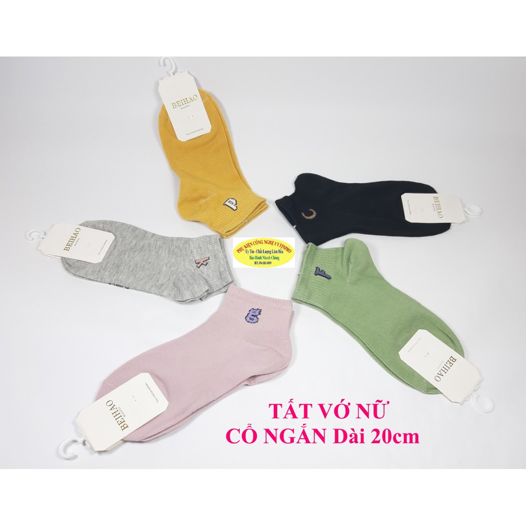 TẤT VỚ NỮ CỔ NGẮN In chữ cái Chất liệu thun cotton Co giãn Thoáng mát Thấm hút mồ hôi Dài 20cm Nhãn hiệu BEIHAO