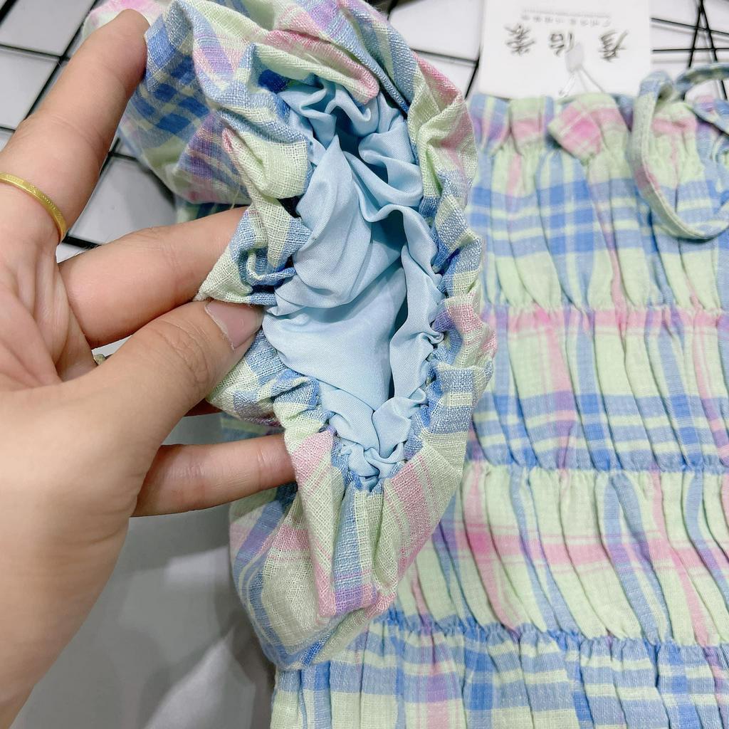 Áo kiểu kẻ xanh Glandie tay bồng, chun thân trước