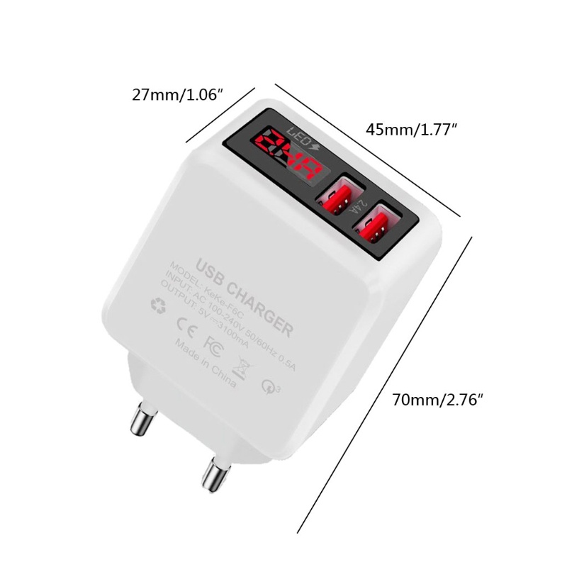 Củ sạc nhanh 2 cổng USB màn hình LED 2.4A EU/ US/ UK cho điện thoại