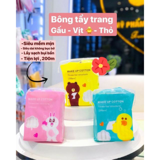 Túi 200 miếng bông tẩy trang MAKE UP COTTON gấu,vịt, thỏ