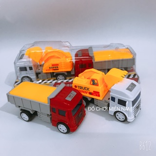 [Có video] Hộp đồ chơi 2 xe múc và xe ben chở cát dài 20cm dành cho bé thích khám phá (xe chạy bánh trớn) 