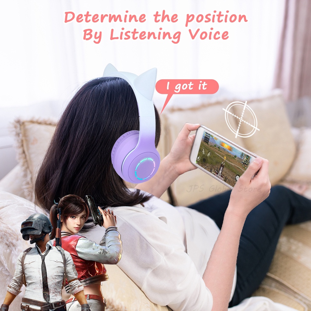 Tai Nghe Chụp Tai Bluetooth Không Dây Hình Tai Mèo Màu Hồng Có Mic Điều Khiển Ánh Sáng RGB Cho Điện Thoại / Máy Tính