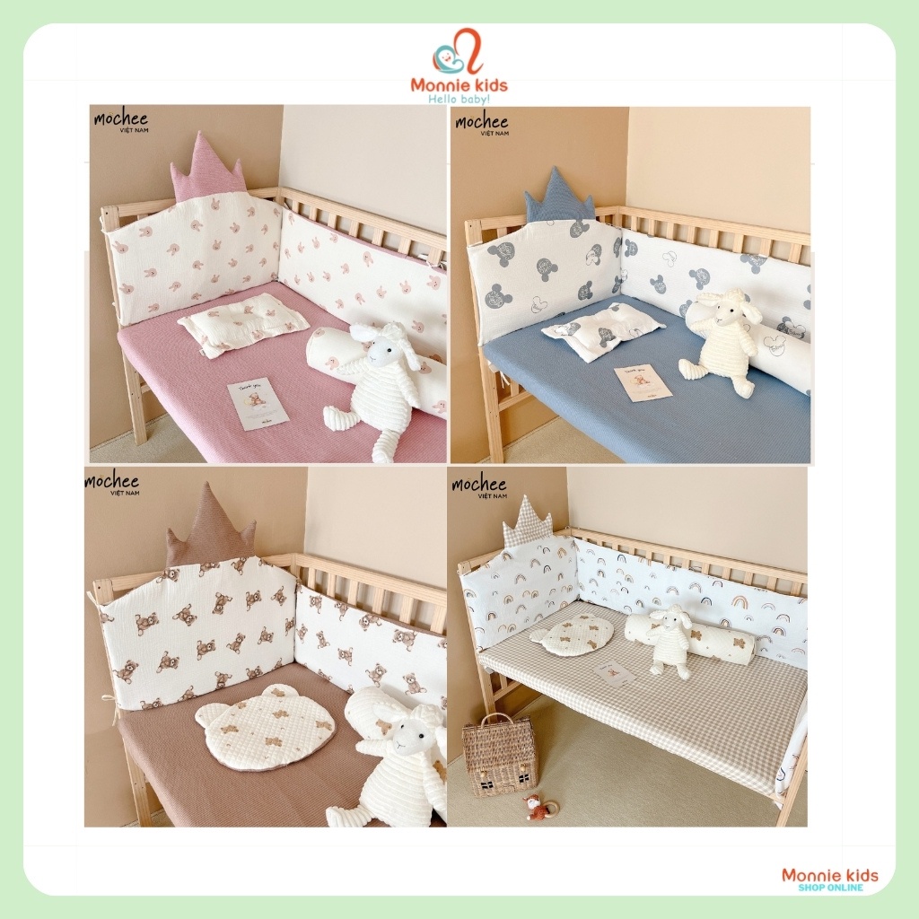 Ga cũi họa tiết muslin cho bé Mochee, ga bọc nệm cũi cao cấp thoáng mát cho trẻ - Monnie Kids