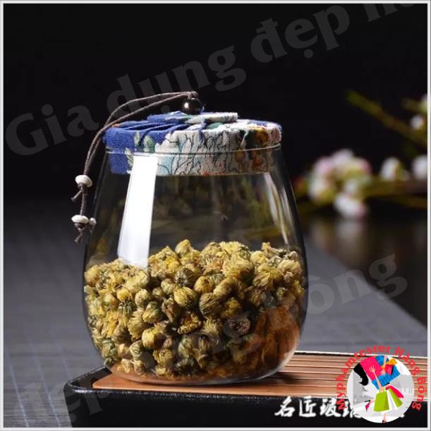 (HÀNG ĐẸP) Lọ chè thuỷ tinh nắp vải 800g
