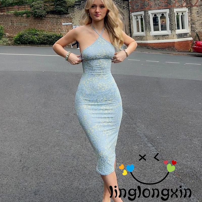 Linglongxi2-đầm Body Cổ Yếm In Hoa Màu Xanh Nhạt Không Tay Size S / M / L
