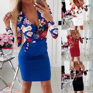 【TRSBX】Fashion Autumn Lady Flower Print Deep V Long Sleeve Bodycon Party Mini Dress nPHrZNsl
