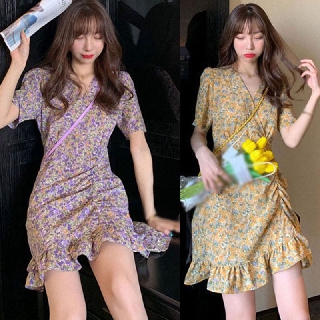 Yeswomen Đầm Hoa Thời Trang Phiên Bản Hàn Quốc Bao Bụng Size Lớn Nhật Bản Phong Cách Hàn Quốc Váy Chữ A Mùa Xuân Mùa Hè Thời Trang Tay Ba Phần Tư Cổ Chữ v Giữa Chiều Dài Hẹp Ôm Hơn Nhìn Chi