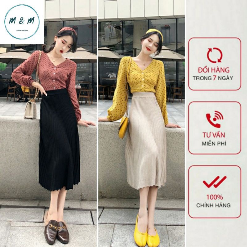 Set Áo Chấm Bi Và Chân Váy Xếp Ly