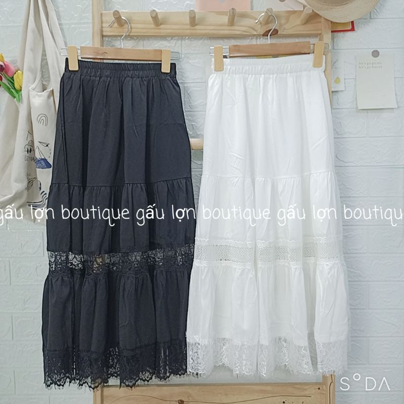 Chân váy midi xoè tầng phối ren vintage tiểu thư