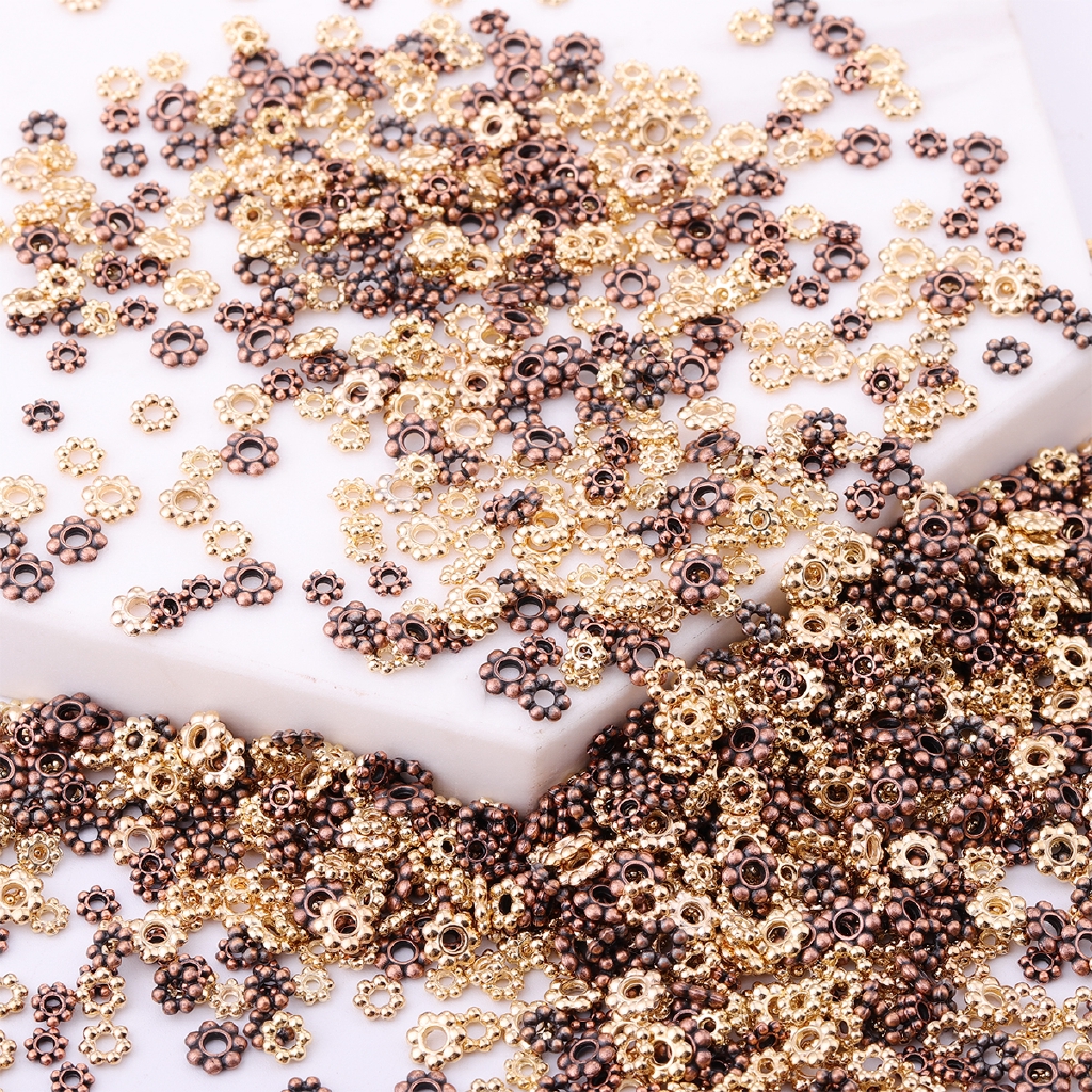 200 hạt cườm hình hoa cúc kim loại bạc Tây Tạng 4mm 5mm 6mm lỗ 2mm làm trang sức