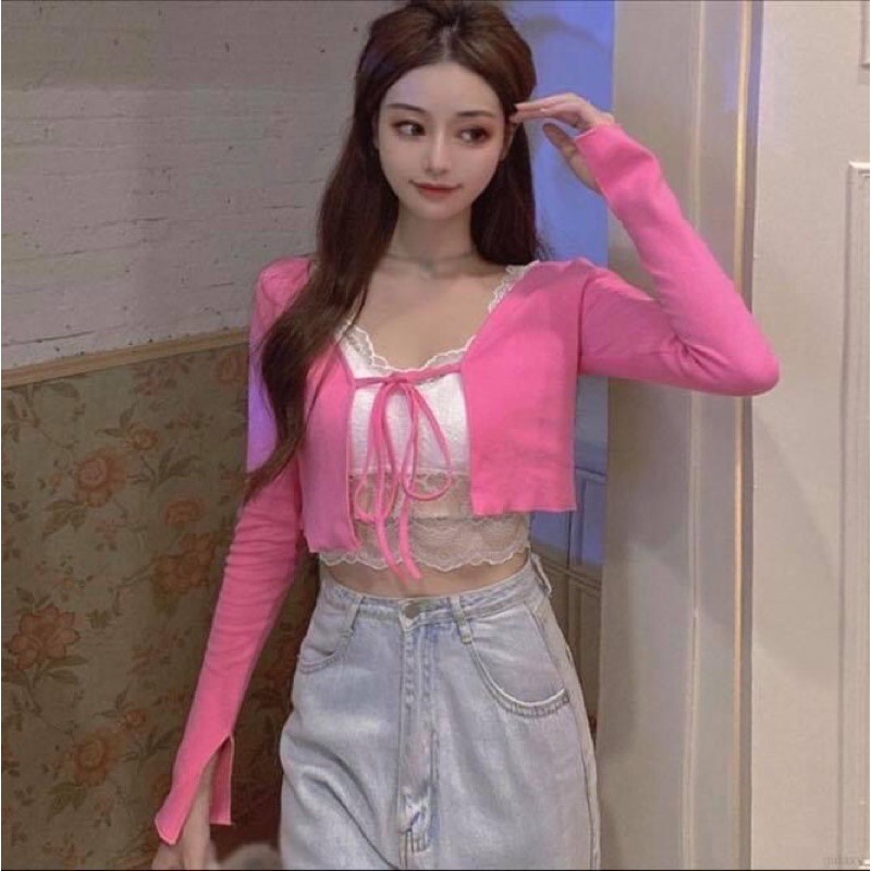 Áo khoác cardigan tay dài trơn đủ màu dây nơ cột ngực - Order taobao quảng châu