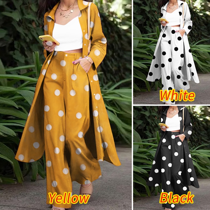 Set đồ Zanzea gồm áo sơ mi chấm bi dài tay cổ bẻ + quần dài ống rộng thời trang cho nữ