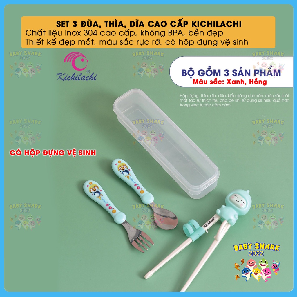 Bộ thìa dĩa đũa cho bé tập ăn Kichilachi CÓ HỘP ĐỰNG cao cấp chính hãng