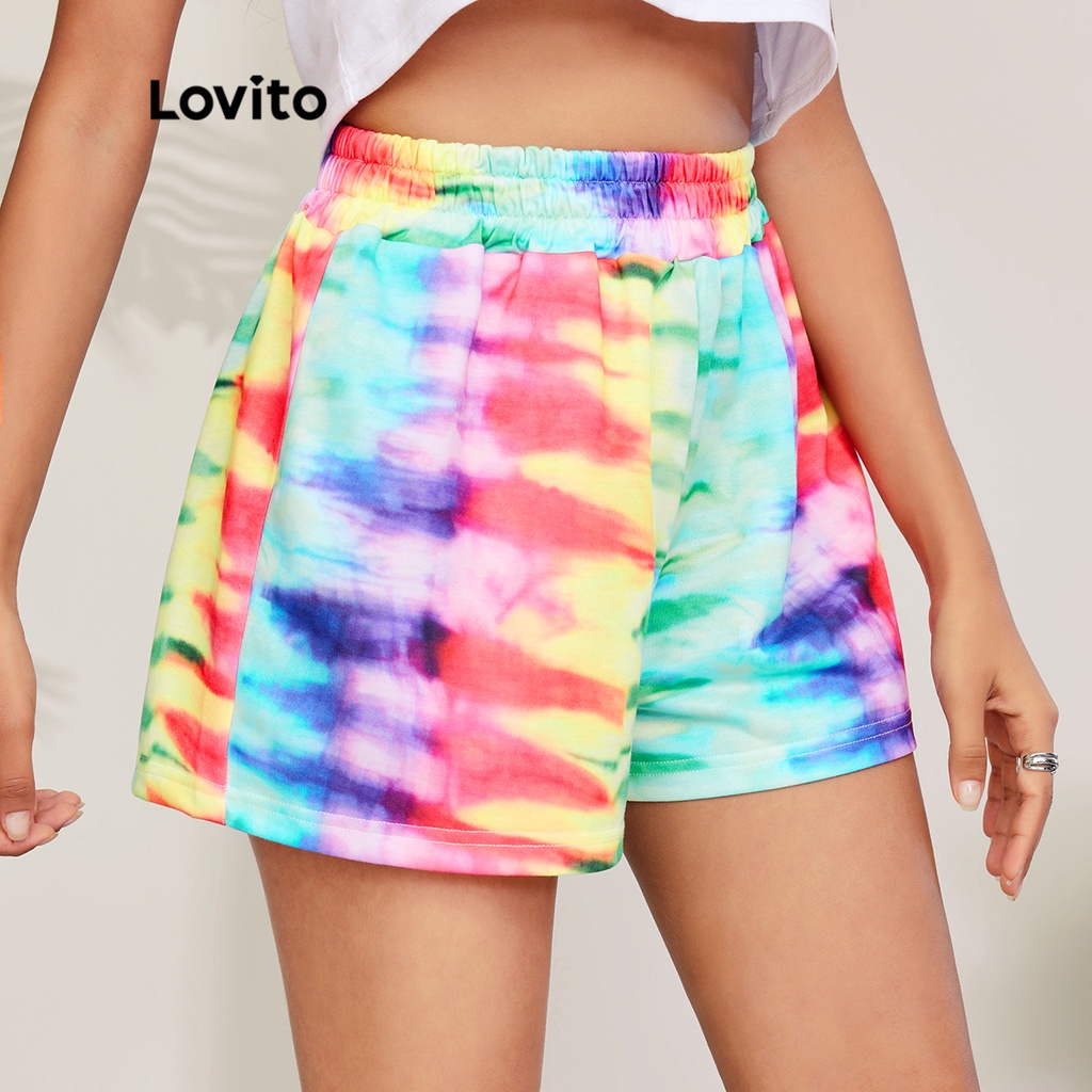 Quần short Lovito phong cách thường ngày nhuộm màu loang eo cao L27LD034 (màu xanh lam nhạt)