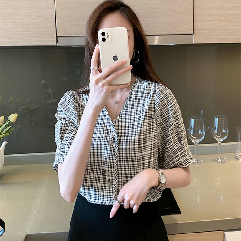 Áo Sơ Mi Ngắn Tay Ca Rô 178545 Áo Sơ Mi Nữ Cổ Chữ v Form Rộng Hợp Thời Trang