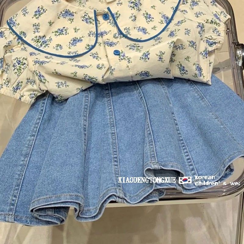 Bộ Áo Sơ Mi Denim Cổ Búp Bê Phối Chân Váy Denim In Hoa Kiểu Nhật Hàn Thời Trang Mùa Hè Cho Bé Gái 2022