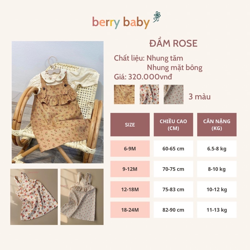 Yếm váy cho bé gái 09 tháng - 2 tuổi Berrybaby yếm váy nhung hoa nhí, bèo trước ngực, yếm váy đi chơi cho bé gái - Rose