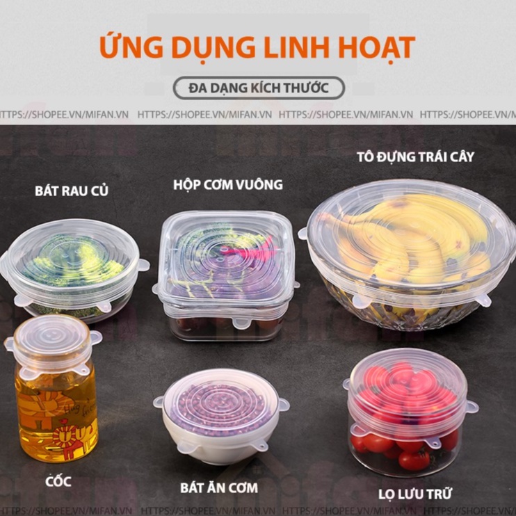 Bộ 6 Miếng Silicone Bọc Thực Phẩm Cao Cấp - Nắp đậy màng Silicon bảo quản thức ăn Dày Dặn Độ Co Giãn Tốt B07