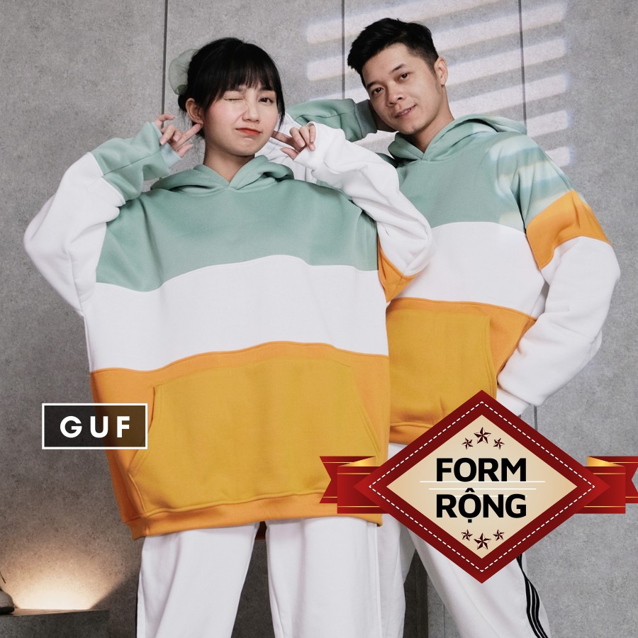 Áo Hoodie Nam Nữ Form Rộng Chất Nỉ Bông Cao Cấp Thiết Kế Mũ To Lớn 3 Màu Nổi Bật Cam Xanh Trắng Đen Thương Hiệu GUF