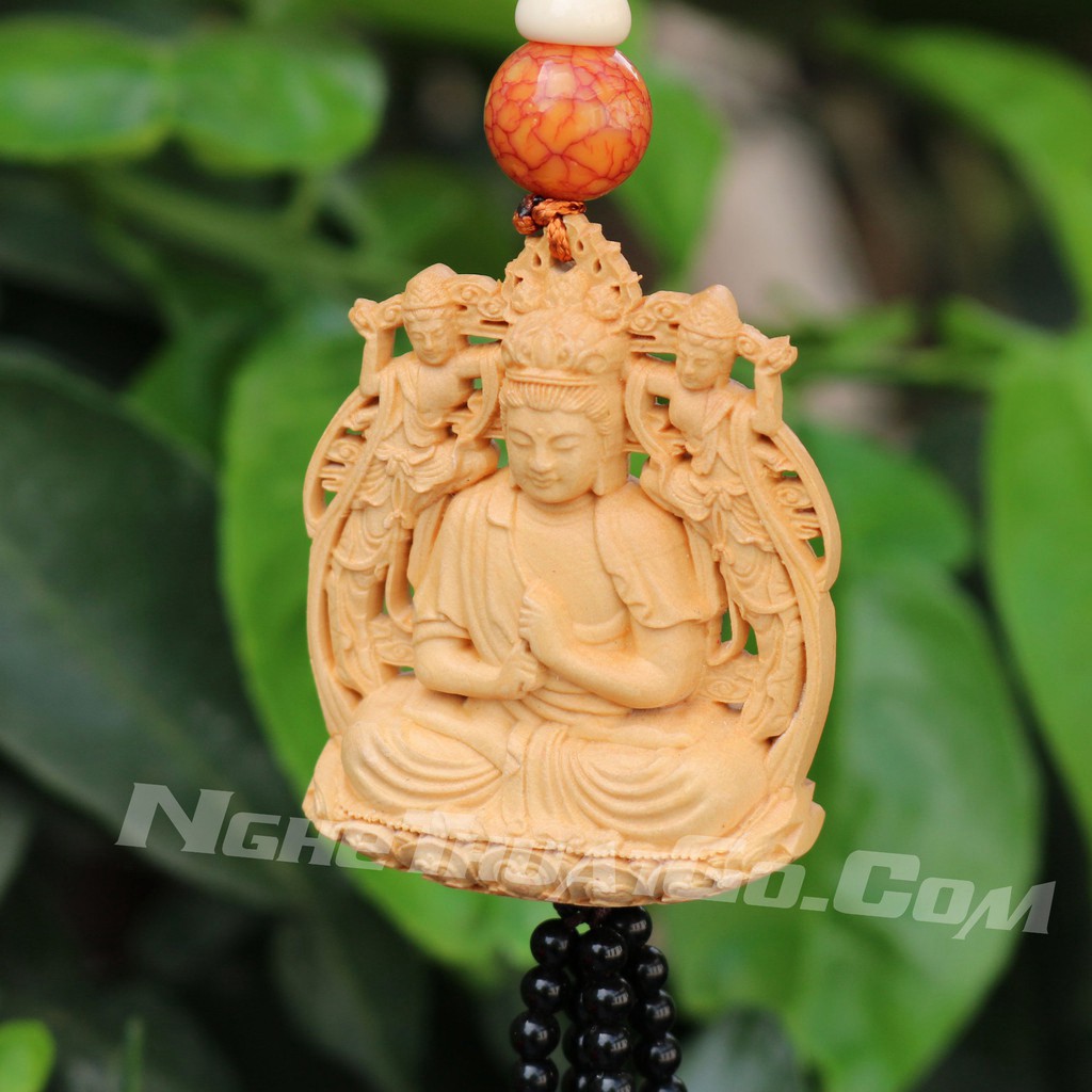) Dây treo xe ô tô tượng Phật Như Lai Đại Nhật bằng gỗ Hoàng Dương -TẶNG 1 VÒNG ĐEO TAY