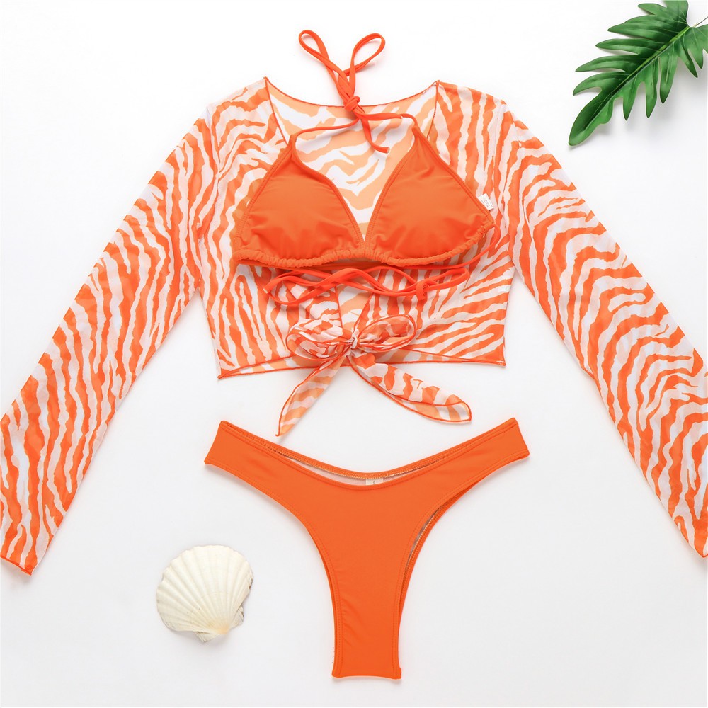 Set ba món đồ bơi bikini gồm áo khoác sọc vằn ngực cam, set bơi màu cam tôn dáng tôn da, lọt khe nhẹ G3M 00 11