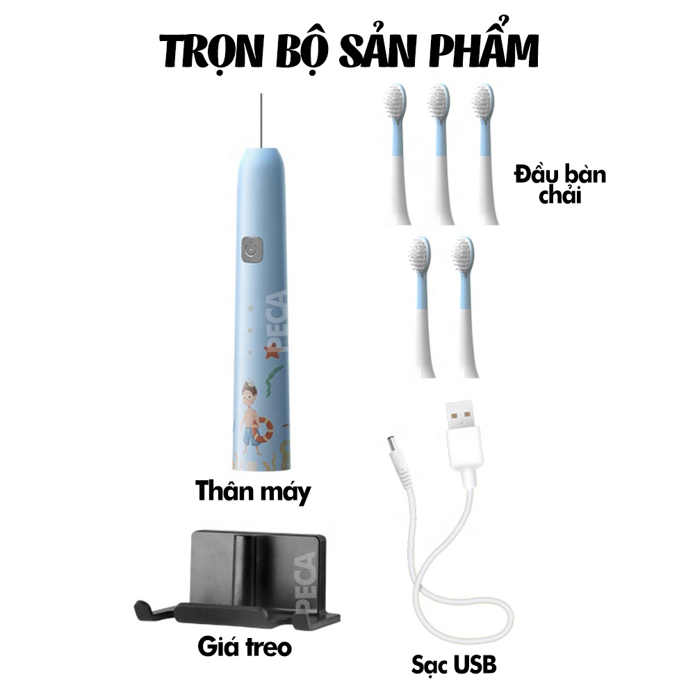 Bàn chải đánh răng điện trẻ em KEMEI KM-YS710 công nghệ rung siêu âm Tặng kèm 4 đầu bàn chải thay thế