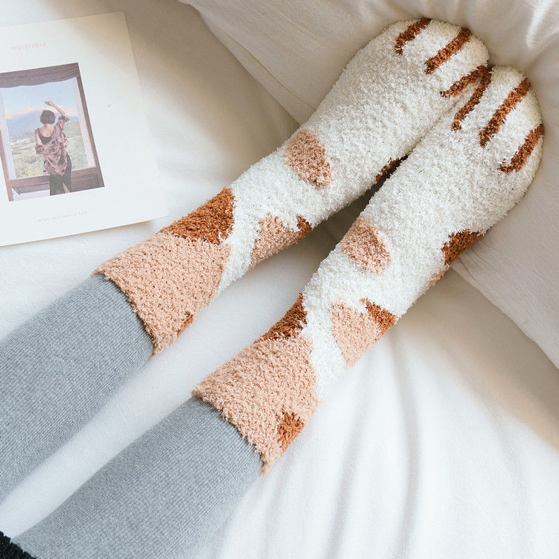 Vớ lông cừu san hô ấm áp hình chân mèo dễ thương