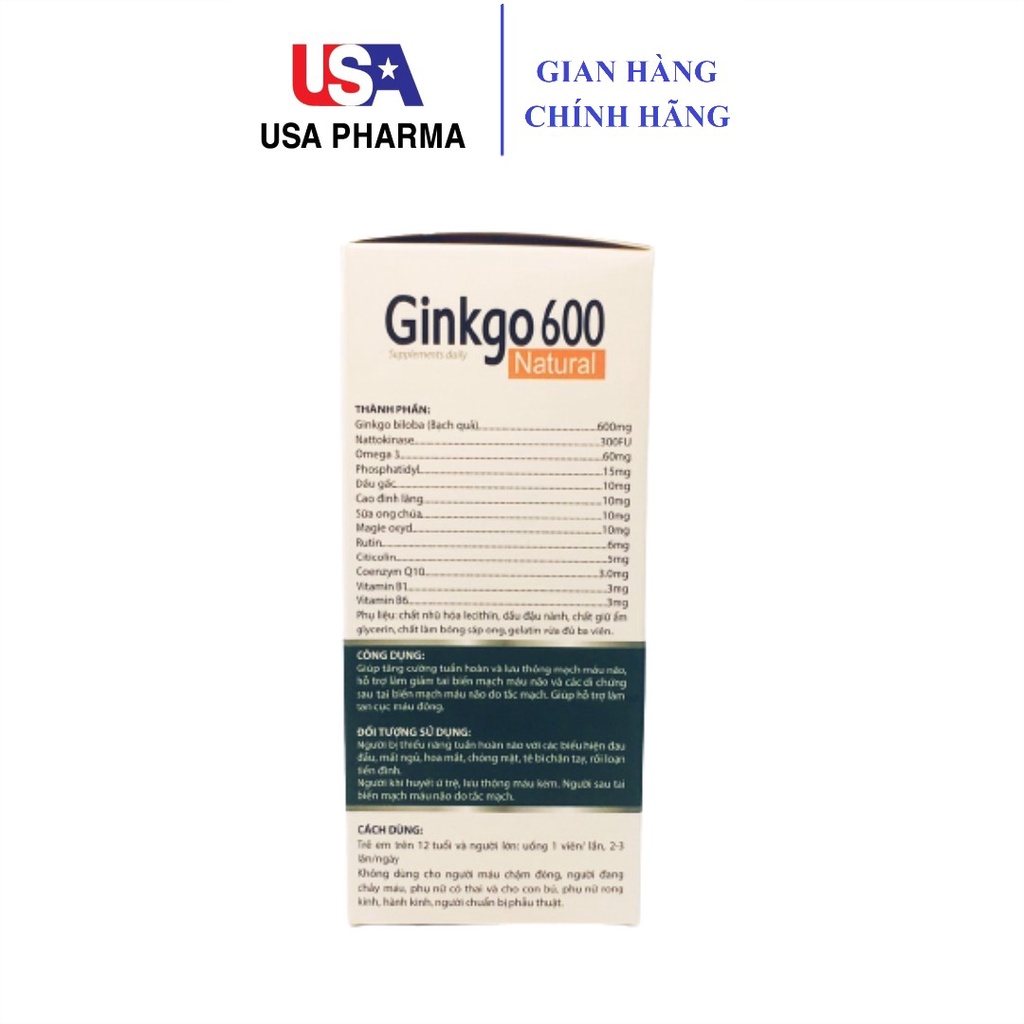 Viên bổ não Ginkgo 600 tăng cường trí nhớ, tăng cường máu đến não, hội chứng tiền đình, trí nhớ suy giảm - Hộp 100 viên