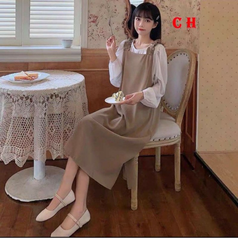 [RẺ VÔ ĐỊCH] Sét Váy Yếm Kaki 2 Dây Rúm Kèm Áo Sơ Mi Tay Bồng 🦋 Bộ Váy Kèm Áo Sơ mi Korea Chất Đũi voan lụa mềm 🦋